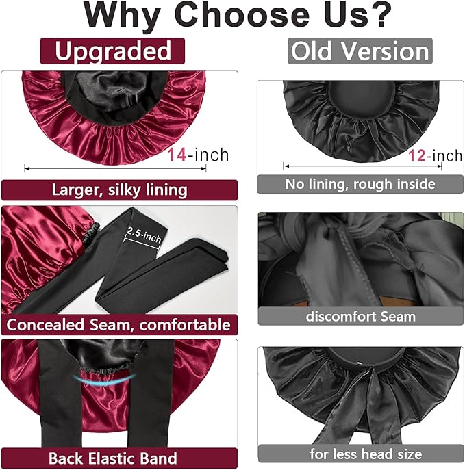 Double Layered Silk Satin Bonnet with Tie for Sleeping Black Women, Wide Band Large Hair Wrap Sleep Cap for Curly Hair Braid