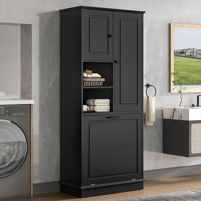 Tall Storage Cabinet with Adjustable Shelves & Flip-Out Basket, MDF Material with Aluminum Alloy Handles, Large Capacity for Bathroom, Kitchen, Living Room, Office Organizer, Black