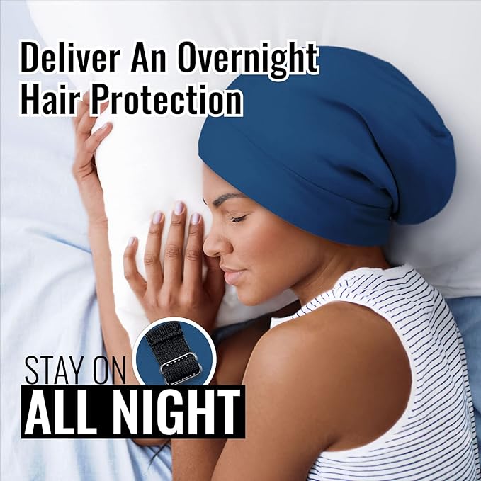 Satin Lined Sleep Cap Bonnet for Curly Hair and Braids, Stay On All Night Hair Wrap with Adjustable Strap for Women and Men, Bijou Blue, Pack of 1