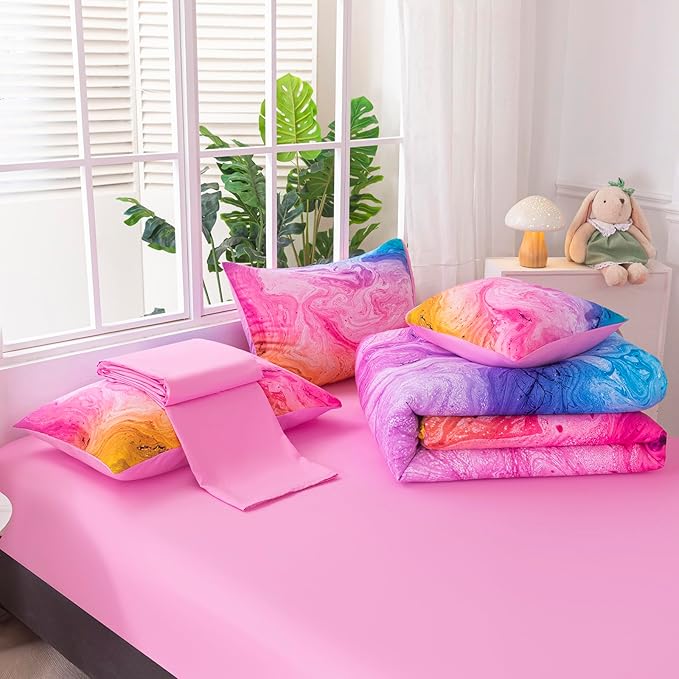 6Pcs Pink King Comforter Set for Girls Kids, Tie Dye Colorful Watercolor Marble Bedding Set King(1 Comforter, 1 Flat Sheet, 1 Fitted Sheet, 1 Cushion Cover, 2 Pillowcases)