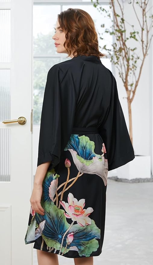 Ledamon Women's Kimono Short Robe - Classic Floral Bathrobe Nightgown