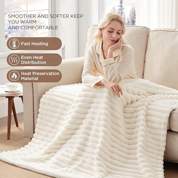 Westinghouse Electric Blanket Heated Throw, Super Cozy Luxury Polyester with 6 Heating Levels & 2-10 Hours Auto Off, Fast Heating & Overheat Protection, 50x60 Inch, Beige