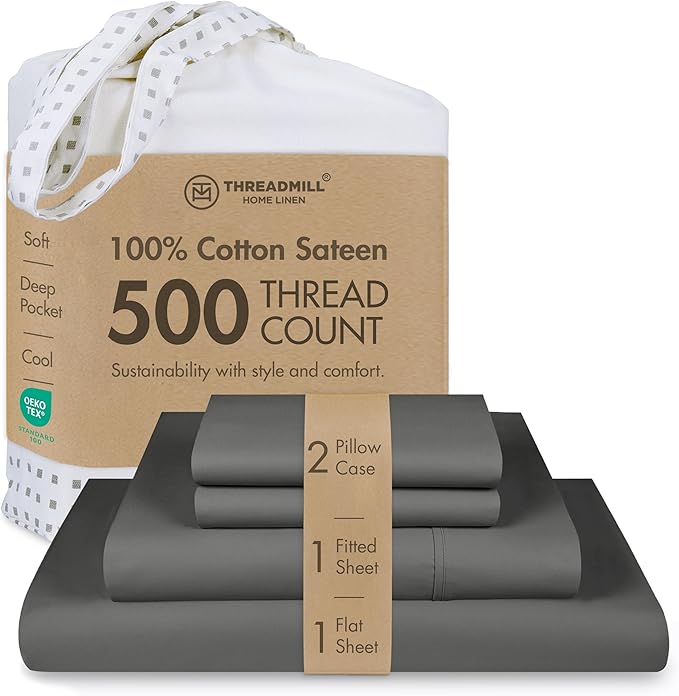 Threadmill 5-Star Hotel 500 Thread Count Best Bed Sheets, 100% Cotton Sheets Set for Queen Bed, Smoother Than Egyptian Cotton Claims, 4 Pc Set with Deep Pockets (Dark Grey)