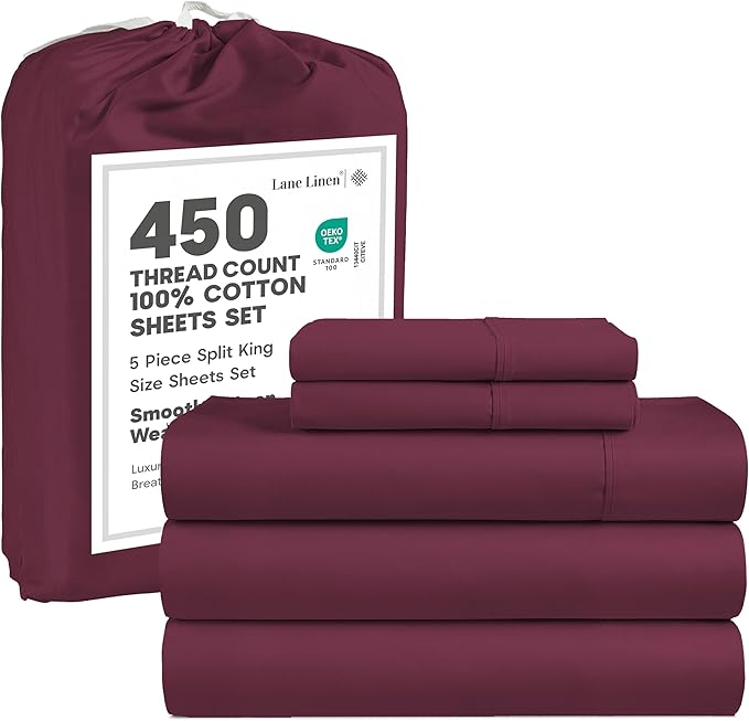 LANE LINEN 100% Cotton Split King Size Sheets Set - 4 Pieces - Ultra Soft Sateen Weave, 450 Thread Count - Breathable, Cooling, Durable, 15" Deep Pockets - Windsor Wine