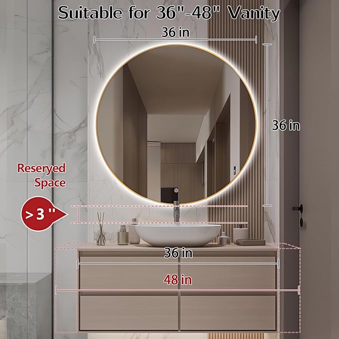 Niccy 36" LED Backlit Round Mirror for Bathroom, Gold Framed Vanity Light Wall Mirror LED Smart Circle Mirrors with 3 Lighting Colors, Dimmable Lighted Mirror with Anti-Fog, IP65 Waterproof