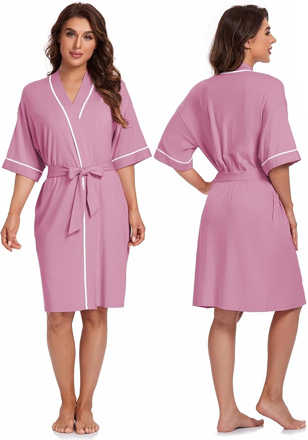 COLORFULLEAF Womens Bamboo Short Robes Lightweight Kimono Cotton Robe Soft Knit Bathrobe Ladies Loungewear with Pockets