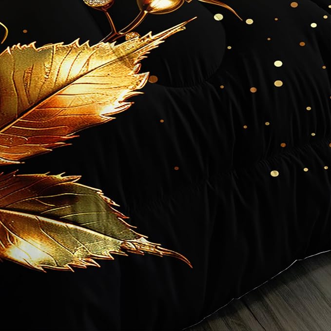 Gold Red Rose Comforter Set Full Size,Golden Glitter Butterfly Pattern Bedding for Girls Women Couple Lover,Romantic Floral Themed Bedding Set with 2 Pillowcases.