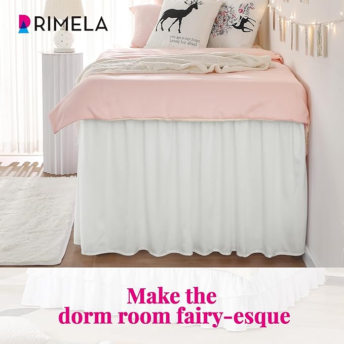 RIMELA Dorm Bed Skirt Twin XL 46 Inch Drop, Easy to Install Extra Long Wrap Around Elastic Dust Ruffle, Warm White Bedskirt Solid Silky Fabric Machine Washable (Twin XL 80“L x 39”W & Twin 75“L x 39”W)