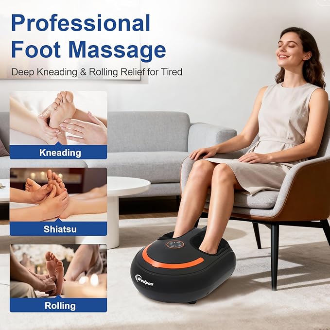Shiatsu Foot Massager Electric Feet Massage Machine Deep Kneading Relief for Plantar Fasciitis, Air Compression, 3 Heat Levels Relax for Home Office Use, Christmas Gifts for Women Mom Dad Black