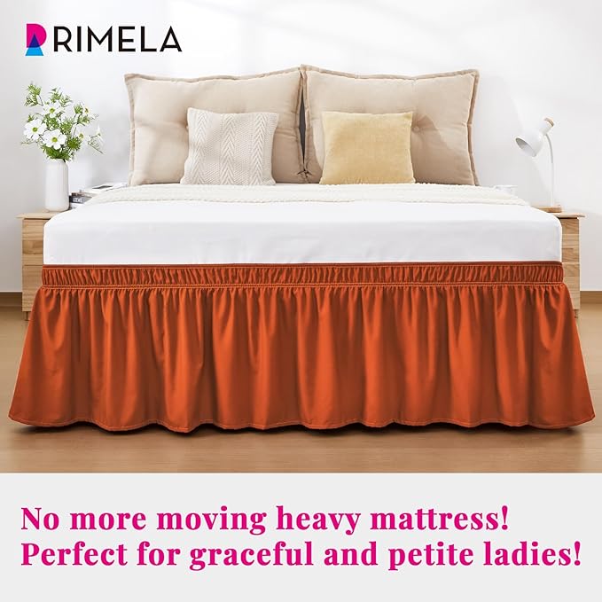RIMELA Orange Yellow Bed Skirt Queen 15 Inch Drop, Elastic Bed Skirts Queen Size Dust Ruffle, Bedskirt for Adjustable Bed Base, Wrinkle & Fade Resistant Silky Luxurious Fabric Easy to Install