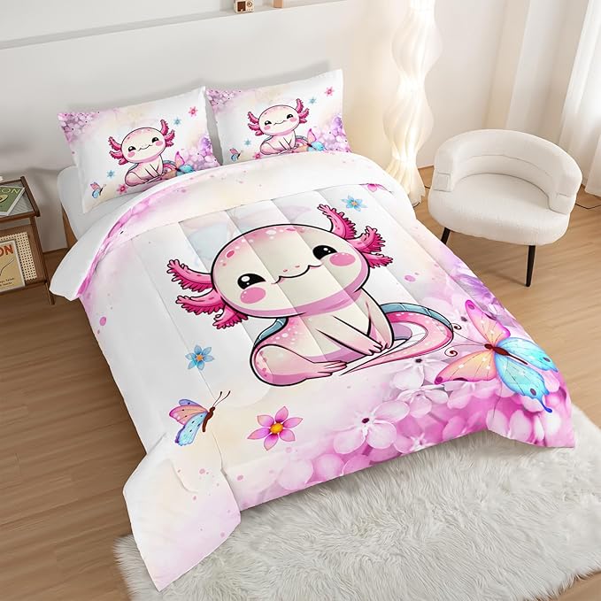 Cartoon Axolotl Comforter Kids Bedding Set,Axolotl Flower Butterfly Bedding Twin Size for Boys Girls Room Kawaii Decor,Pink Toddler Comforter Sets with 2 Pillowcases.