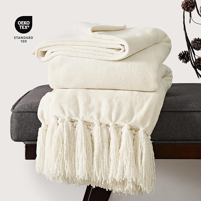 EverGrace Soft Chenille Throw Blanket for Couch, Cozy Plush Fuzzy Decorative Chenille Knit Throw Blanket with Tassels, Lightweight Blanket and Throws for Bed Sofa Gift Home Decor, Ivory White 50"x60"