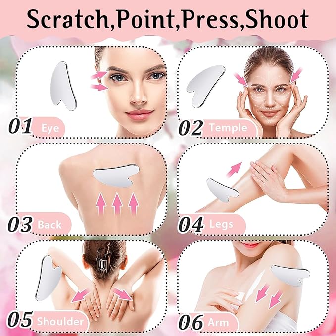 Gua Sha Facial Tools and Face Roller Set, Stainless Steel Facial Sculpting Eyes Roller Guasha for Face, Chin & Jawline Sculpting,Skin Care (Stainless Steel)