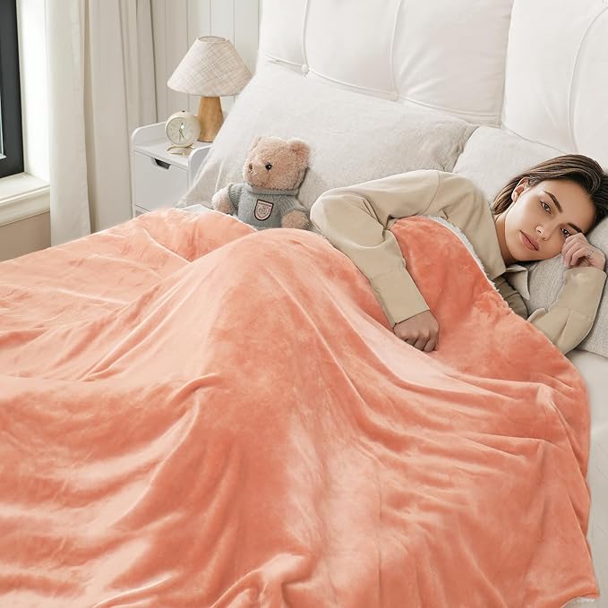 Electric Heated Blanket Throw 50"x60" - Soft Cozy Flannel & Sherpa Fabric Dual-Sided, 9 Heat Settings & 10H Auto Off, Warming Heated Throw for Home Office, Machine Washable, Light Coral Pink