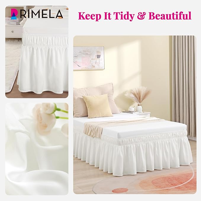RIMELA White Bed Skirt Full Size 12 Inch Drop, Elastic Bed Skirting for Bed Base and Frame, Bedding Dust Ruffle Easy to Install, Lightweight Wrap Around Adjustable Bedskirt