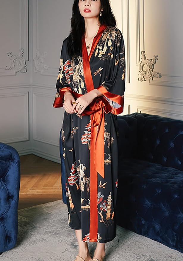 Silk Satin Robe for Women Long Japanese Kimono Robe Lightweight Soft Bathrobe Floral Luxury Dressing Gown