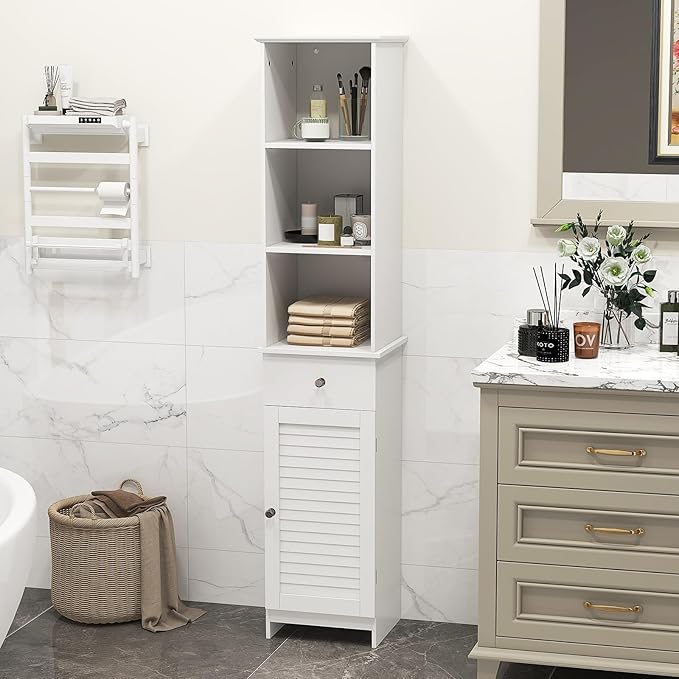 Giantex 64.5” Tall Bathroom Cabinet, Narrow Floor Storage Cabinet with Adjustable Shelves, 1 Door & 1 Drawer, Anti-Toppling Design, Modern Storage Organizer for Bathroom, Living Room, Hallway