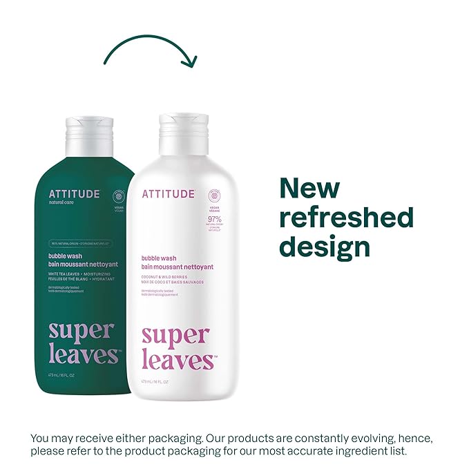 ATTITUDE Bubble Bath & Body Wash, EWG Verified, Vegan & Plant-Based, Dermatologist-Tested, Gentle Cleansing Formula, Coconut & Wild Berries Scent, 16 Fl Oz (Pack of 6)