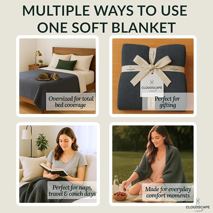 Cloud Scape Linen Extra Large 8 Layer Muslin Throw Blanket - 100% Cotton Gauze, Soft and Breathable, Winter Blanket for Couch, Sofa and Bed, Idea, 50x70, Dark Grey