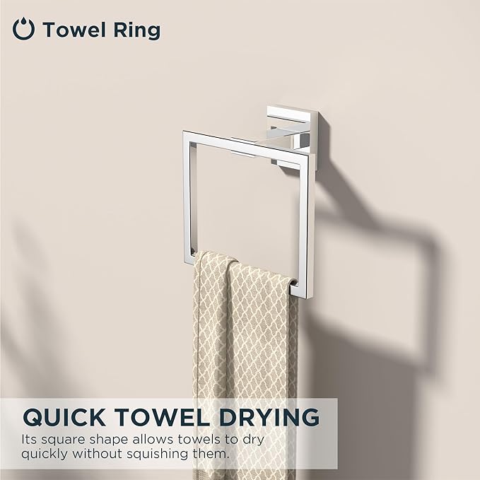 FORIOUS Toilet Paper Holder Set Wall Mount, SUS 304 Stainless Steel Pivoting Toilet Paper Holder and Towel Ring, Hand Towel Holder Set for Bathroom, Square Bathroom Hardware Set, Chrome