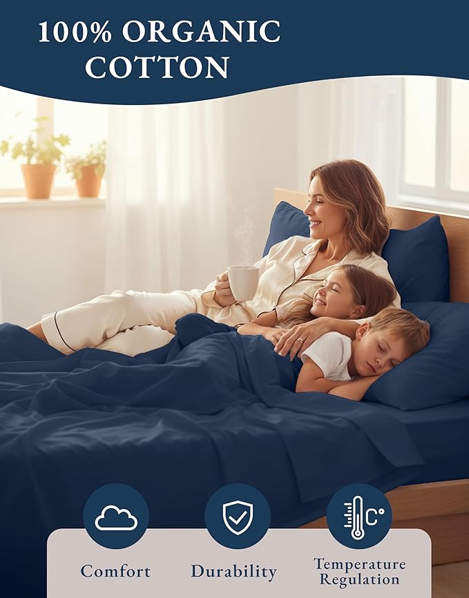 LANE LINEN 100% Organic Cotton California King Bed Sheets, 4-Piece Pure Percale Sheets Soft Breathable Cotton Bed Sheets, Deep Cal King Sheets for Thick Mattress - Navy