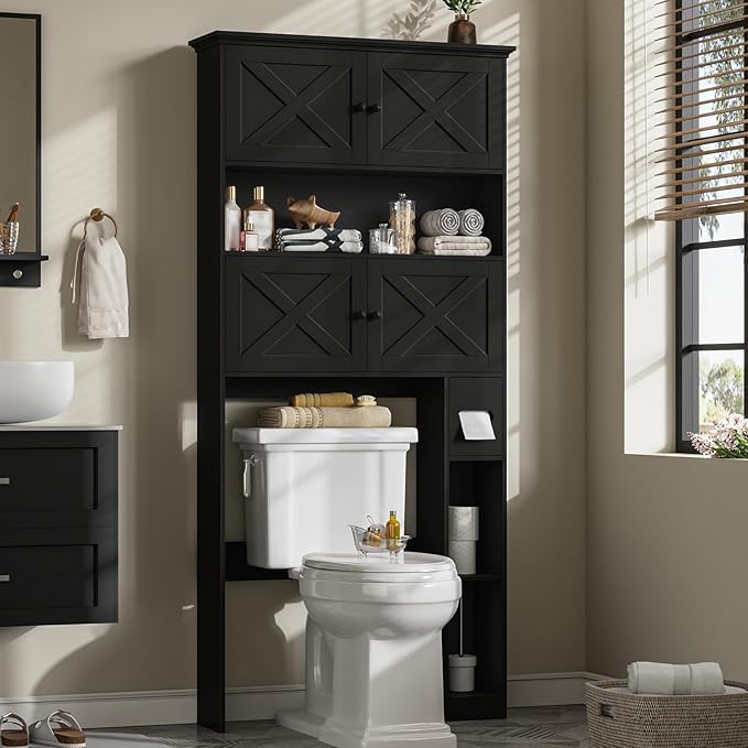 Over The Toilet Storage Cabinet, Farmhouse Storage Cabinet Over Toilet with 4 Barn Doors & Toilet Paper Holder Stand, Black Toilet Shelf Home Space Saver for Restroom, Bathroom, Laundry
