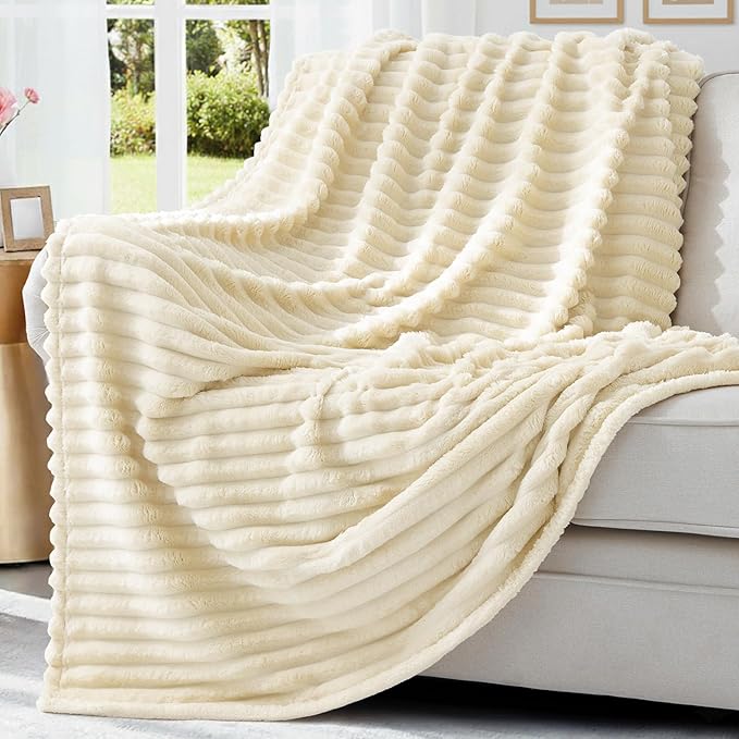 decorUhome Christmas Soft Fleece Beige Blanket King Size for Bed, Cozy Fluffy Plush Flannel Large Striped Throws for Couch Sofa, Lightweight Decorative Fuzzy Blanket for Woman, 108x90 Inches