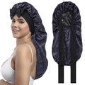 AWAYTR Long Satin Bonnet for Women - Double Layer Elastic Silk Bonnet for Braids Hair Sleeping Cap with Tie Band (Nebula+Black)