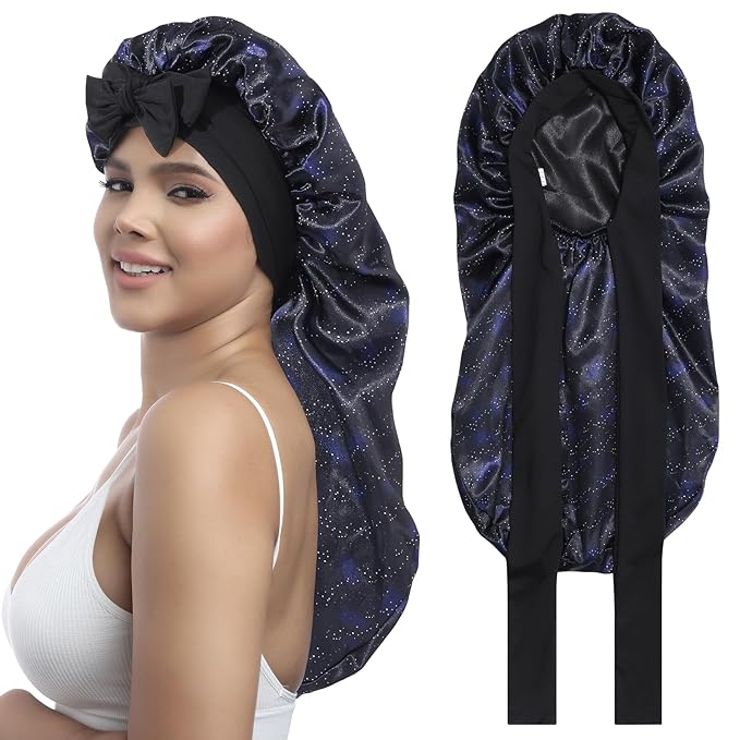 AWAYTR Long Satin Bonnet for Women - Double Layer Elastic Silk Bonnet for Braids Hair Sleeping Cap with Tie Band (Nebula+Black)