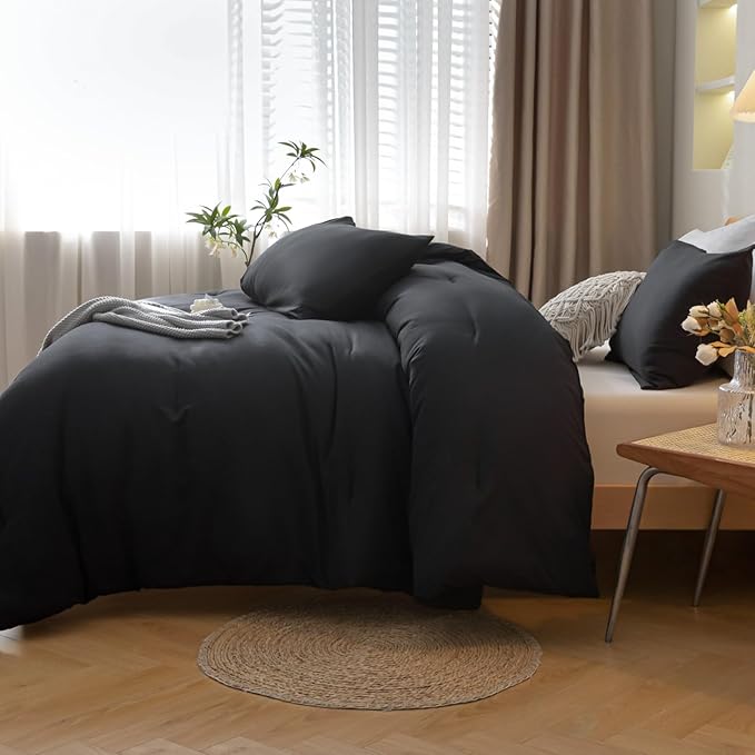 ROSGONIA Black Twin Comforter Set for Girls and Boys, 1 Boho Black Comforter and 1 Pillowcase, Soft and Warm Microfiber Material, Neutral Bohemian Style, Ideal for Dorm Rooms