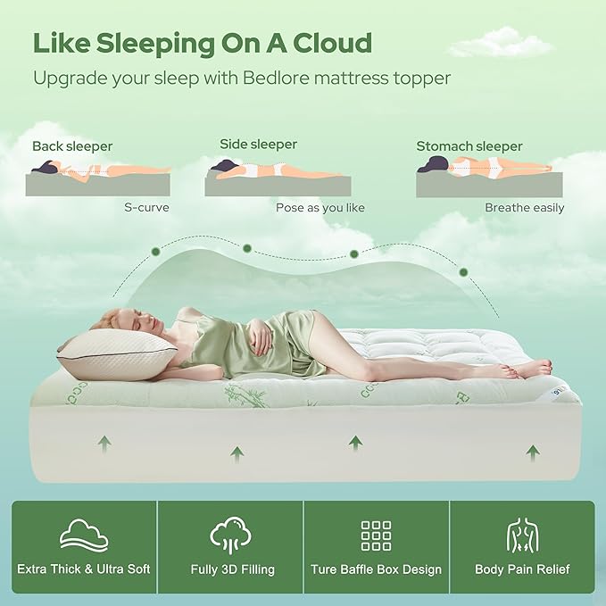 BEDLORE California King Mattress Topper Viscose Derived from Bamboo, Thick Pillow Top Mattress Pad with Stretchable Pockets for 6"-18" Mattress, Soft Mattress Topper for Back Pain Relief