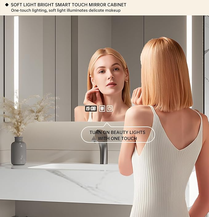 Floating Bathroom Vanity with Sink, Solid Wood Bathroom Vanity Set, Smart Defogging Mirror & Induction Side Cabinet & Large Storage - Elegant Bathroom Vanities (White,56IN)