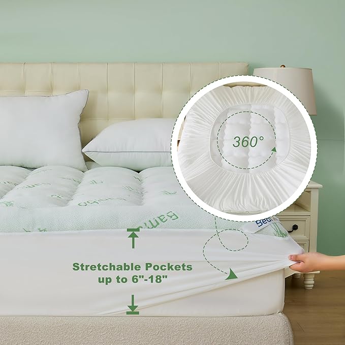 BEDLORE King Mattress Topper Viscose Derived from Bamboo, Thick Pillow Top Mattress Pad with Stretchable Pockets for 6"-18" Mattress, Soft Breathable Mattress Topper for Back Pain Relief