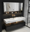 52IN Bathroom Vanity with Double Sink, Modern Bathroom Vanity with LED Smart Defogging Mirror Cabinet and Open Shelf, Floating Bathroom Cabinet with Striped Double Drawers, Oak Material (Black)
