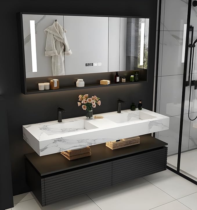 64IN Bathroom Vanity with Double Sink, Modern Bathroom Vanity with LED Smart Defogging Mirror Cabinet and Open Shelf, Floating Bathroom Cabinet with Striped Double Drawers, Oak Material (Black)