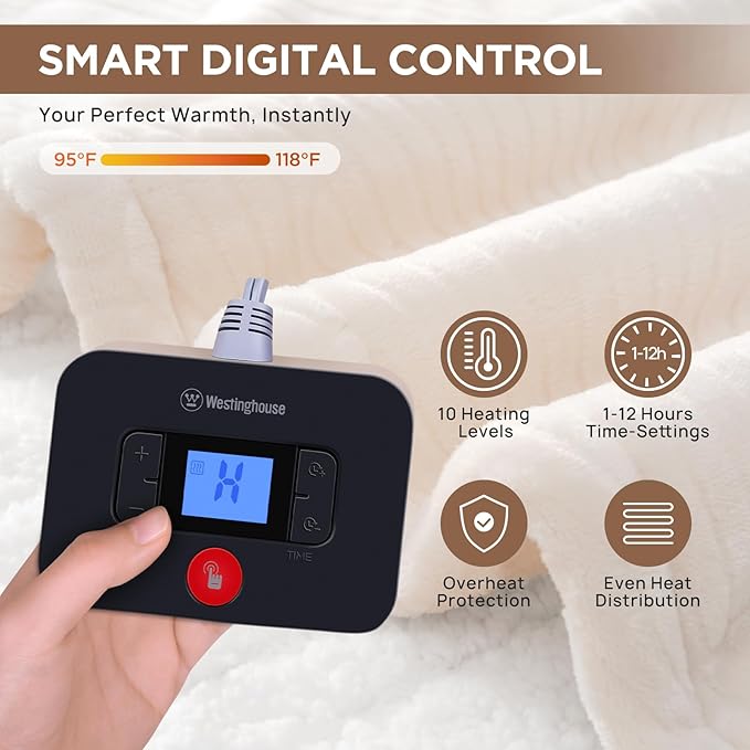 Westinghouse Electric Blanket Full, Flower Jacquard Heated Blanket Full Size with 10 Heating Levels and 1-12 Hours Auto-Off, Flannel to Sherpa Reversible, Machine Washable (72" x 84", Beige)