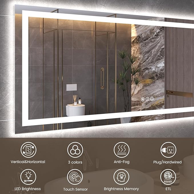 60"X30" LED Bathroom Mirror with Front Lights and Backlit, Anti-Fog, Dimmable, Shatter-Proof Tempered Glass, Lighted Bathroom Vanity Mirror for Wall with 3 Colors, Memory Function