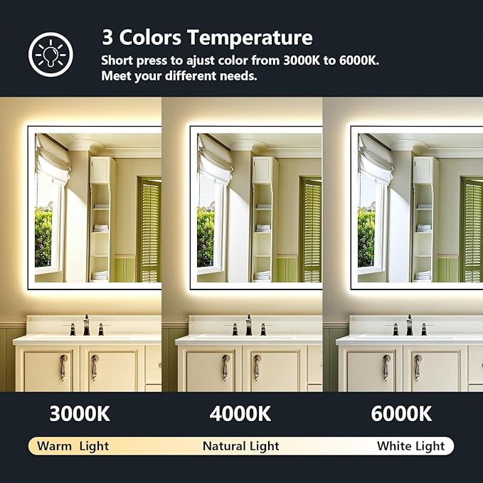 72x40 Inch LED Bathroom Mirror with Lights (Front Lit and Backlit) Black Framed Lighted Vanity Mirror for Bathroom Wall Dimmable Anti-Fog Memory Tempered Glass Horizontal/Vertical