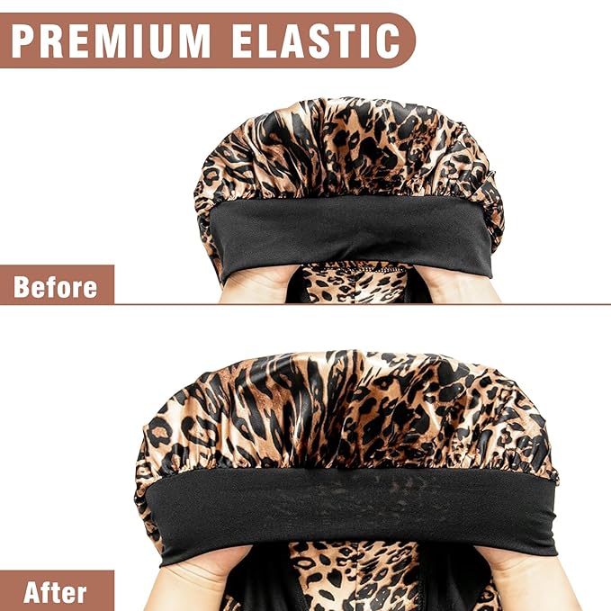 2Pcs Bonnets for Women Sleeping Braid Bonnet, Large Long Satin Silk Bonnet for Braids, Black Women Braid Bonnets with Stretchy Tie Band for Sleeping Extra Long (Pink & Leopard)
