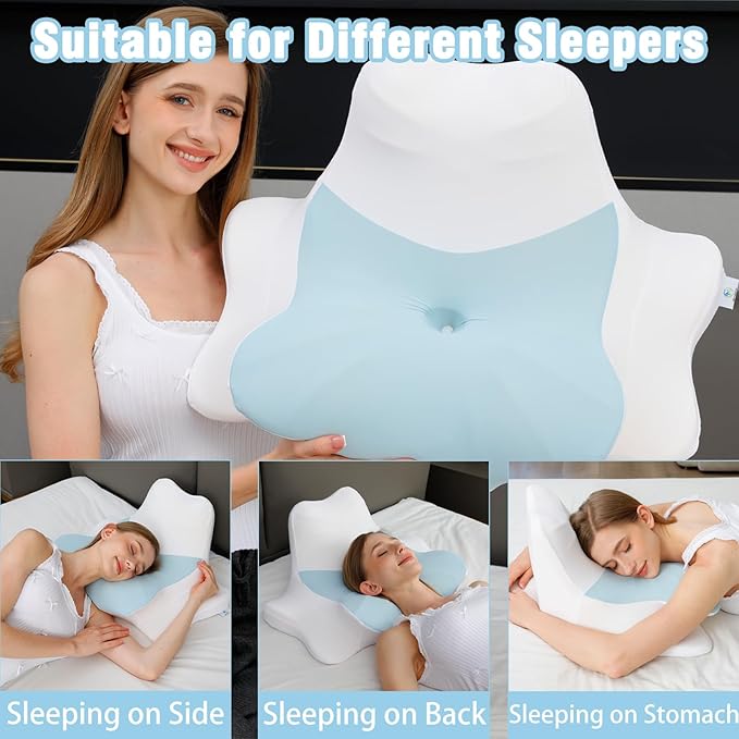 Memory Foam Neck Pillow for Neck and Shoulder Pain, Ergonomic Pillow for Back Side Stomach Sleepers, Cervical Neck Support Pillow, High Tail Versatile Pillow (Blue)