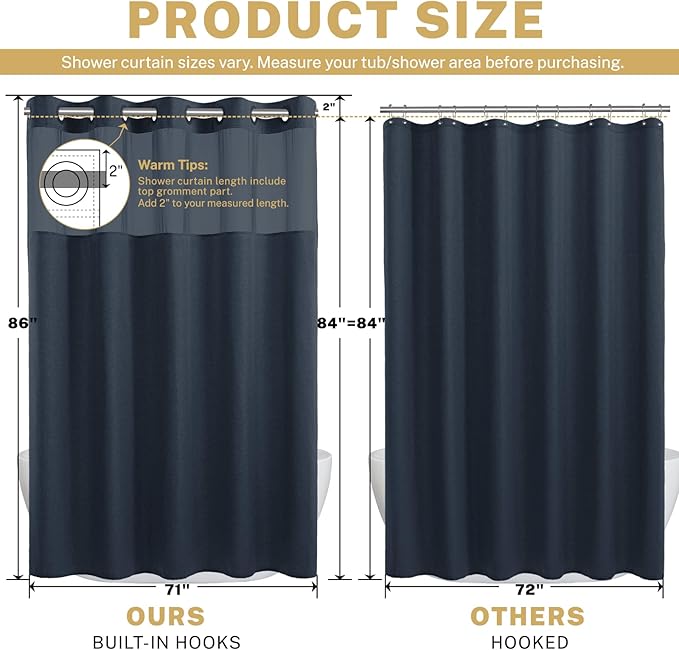 Extra Long No Hook Shower Curtain with Snap in Liner, Polyester Textured Shower Curtain with Liner Set, Waterproof Washable Hotel Style Shower Curtains for Bathroom, 71Wx86H, Navy