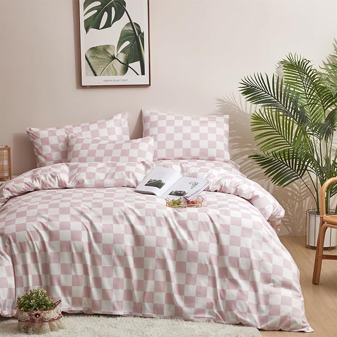 KAREVER Pink White Grid Comforter Set Cal King Pink Plaid Bedding Set Women Pink White Checkered Bed Blanket Set Men Durable Breathable Bedding Comforter Set