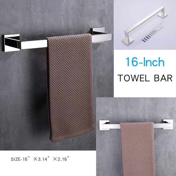 TASTOS 3-Piece Chrome Bathroom Hardware Accessory Set, Premium Stainless Steel Robe Hook Toilet Paper Holder 16-Inch Towel Bar Set Wall Mounted Square Style, Polished Finish (Silver)