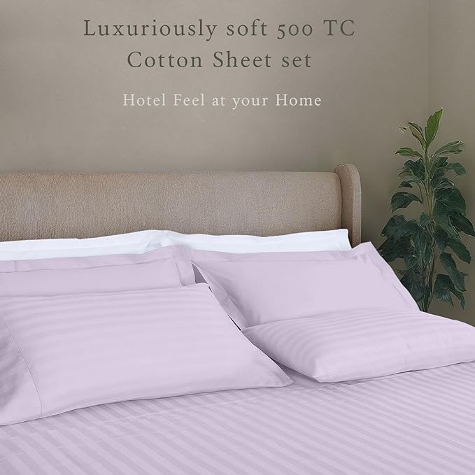 Threadmill 500 Thread Count Queen Size Damask Stripe, 4 Pc Luxury Cotton Bedding Set, Silky Smooth & Breathable Lilac Sheets with 16" Elasticized Deep Pocket, 2 Pillowcases & Free Tote Bag