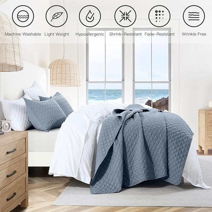 HORIMOTE HOME Quilt Twin Size Dusty Blue, Lightweight Quilt for Summer Ultra-Soft Microfiber Modern Style Quilted Clouds Pattern Bedspread Quit Set 2 Pieces (1 Quilt and 1 Pillow Sham)
