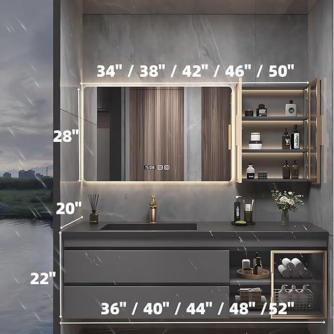 Bathroom Vanity with Sink - Luxury Bathroom Vanities, Floating Vanity with Smart Defogging Mirror, Multi-Layer Solid Wood Material - Complete Accessories (52")