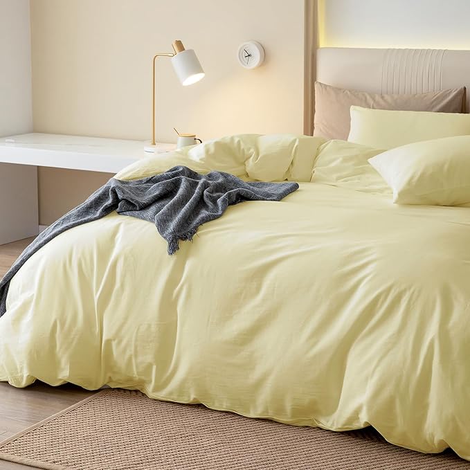 JIYUAN 100% Washed Cotton Duvet Cover Set 2 Pieces Twin, 1 Duvet Cover 68x90 Inches(Comforter Not Included) and 1 Pillowcases,Linen Feel Bedding Set Comfy and Breathable,Light Yellow