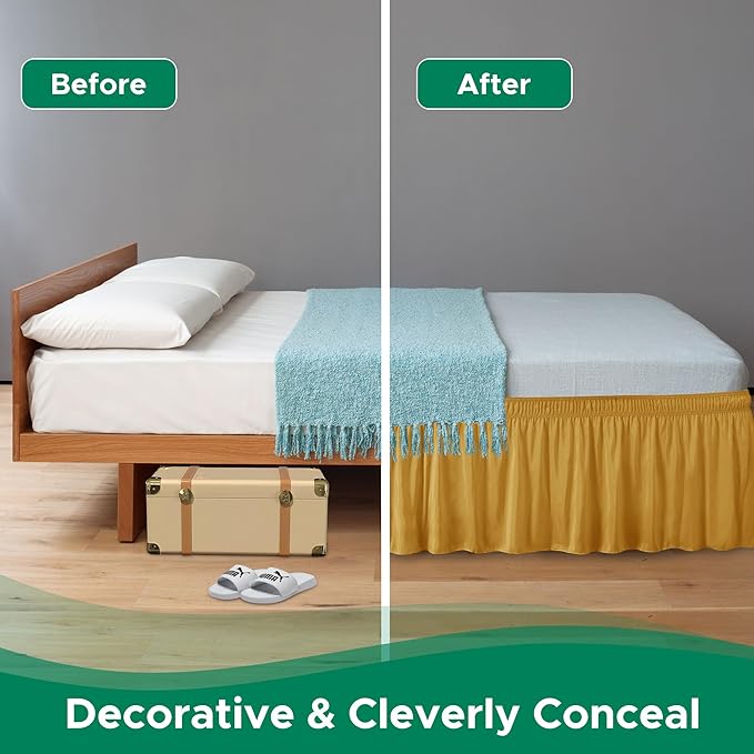 Biscaynebay Wrap Around Bed Skirts for King & Cal King Beds 14" Drop, Christmas Gold Adjustable Elastic Dust Ruffles Easy Fit Wrinkle Resistant Silky Luxurious Fabric Machine Washable