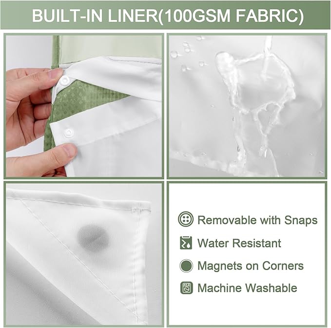 YellyHommy No Hook Shower Curtain with Snap in Liner Set Less Time Sage Green Waffle Shower Curtain for Bathroom 75" L x 72" W