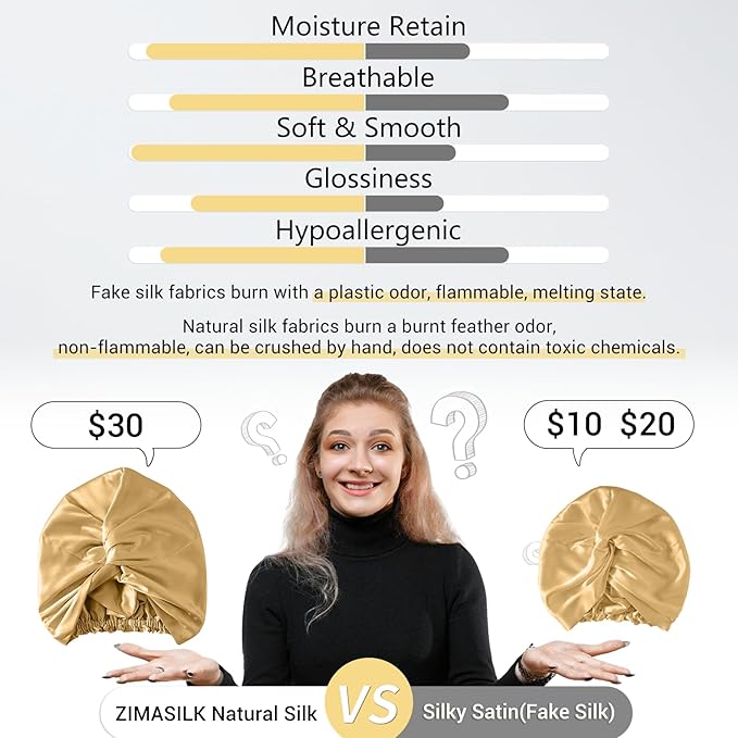ZIMASILK 22 Momme 100% Mulberry Silk Bonnet for Sleeping & Women Hair Care, Highest Grade 6A Silk Hair wrap for Sleeping with Premium Elastic Stay On Head (1Pc, Golden)